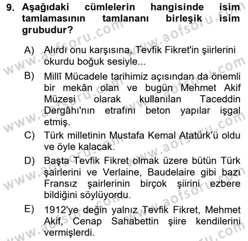 Türkçe Cümle Bilgisi 1 Dersi 2023 - 2024 Yılı (Final) Dönem Sonu Sınav Soruları 9. Soru