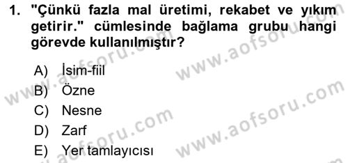 Türkçe Cümle Bilgisi 1 Dersi 2023 - 2024 Yılı Yaz Okulu Sınav Soruları 1. Soru