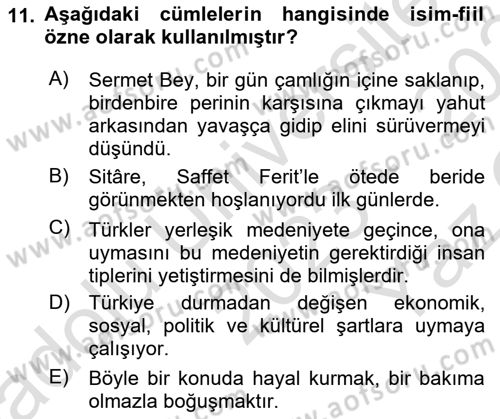 Türkçe Cümle Bilgisi 1 Dersi 2023 - 2024 Yılı Yaz Okulu Sınav Soruları 11. Soru