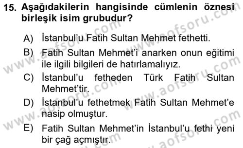 Türkçe Cümle Bilgisi 1 Dersi 2023 - 2024 Yılı Yaz Okulu Sınav Soruları 15. Soru