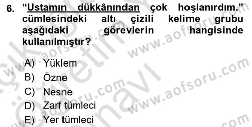 Türkçe Cümle Bilgisi 1 Dersi 2023 - 2024 Yılı Yaz Okulu Sınav Soruları 6. Soru