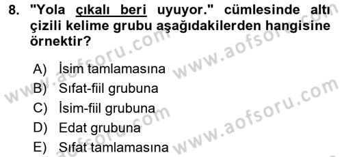 Türkçe Cümle Bilgisi 1 Dersi 2023 - 2024 Yılı Yaz Okulu Sınav Soruları 8. Soru