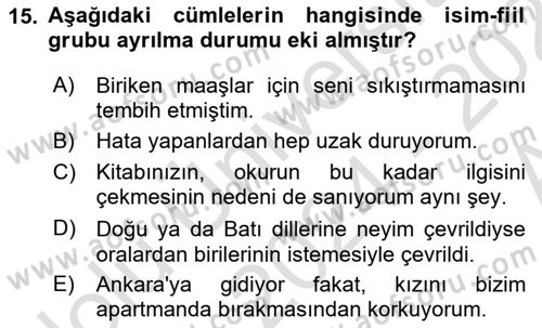 Türkçe Cümle Bilgisi 1 Dersi 2024 - 2025 Yılı (Vize) Ara Sınav Soruları 15. Soru