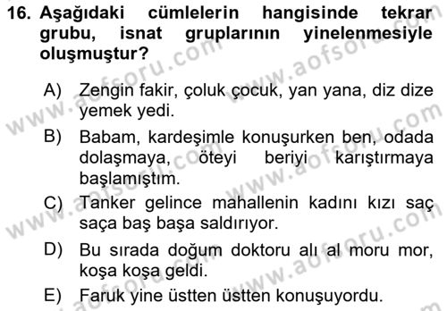 Türkçe Cümle Bilgisi 1 Dersi 2024 - 2025 Yılı (Vize) Ara Sınav Soruları 16. Soru