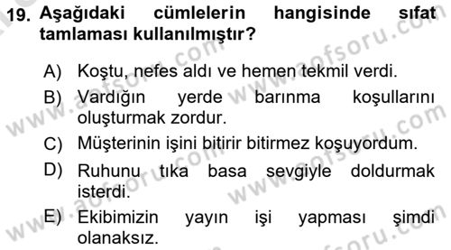 Türkçe Cümle Bilgisi 1 Dersi 2024 - 2025 Yılı (Vize) Ara Sınav Soruları 19. Soru