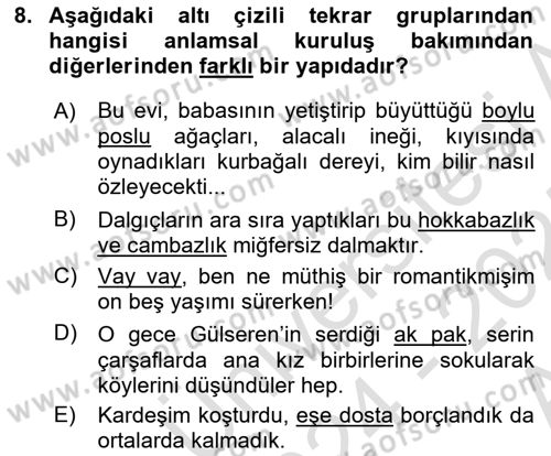 Türkçe Cümle Bilgisi 1 Dersi 2024 - 2025 Yılı (Vize) Ara Sınav Soruları 8. Soru