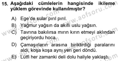 Türkçe Cümle Bilgisi 1 Dersi 2024 - 2025 Yılı (Final) Dönem Sonu Sınav Soruları 15. Soru