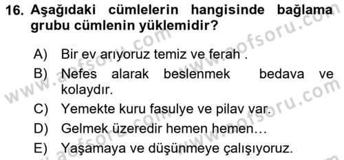 Türkçe Cümle Bilgisi 1 Dersi 2024 - 2025 Yılı (Final) Dönem Sonu Sınav Soruları 16. Soru