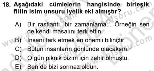 Türkçe Cümle Bilgisi 1 Dersi 2024 - 2025 Yılı (Final) Dönem Sonu Sınav Soruları 18. Soru