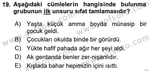 Türkçe Cümle Bilgisi 1 Dersi 2024 - 2025 Yılı (Final) Dönem Sonu Sınav Soruları 19. Soru