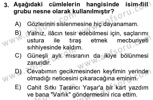 Türkçe Cümle Bilgisi 1 Dersi 2024 - 2025 Yılı (Final) Dönem Sonu Sınav Soruları 3. Soru