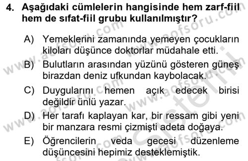 Türkçe Cümle Bilgisi 1 Dersi 2024 - 2025 Yılı (Final) Dönem Sonu Sınav Soruları 4. Soru