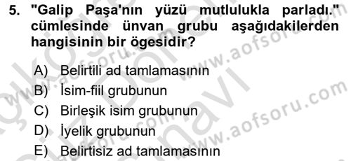Türkçe Cümle Bilgisi 1 Dersi 2024 - 2025 Yılı (Final) Dönem Sonu Sınav Soruları 5. Soru