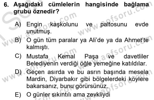 Türkçe Cümle Bilgisi 1 Dersi 2024 - 2025 Yılı (Final) Dönem Sonu Sınav Soruları 6. Soru