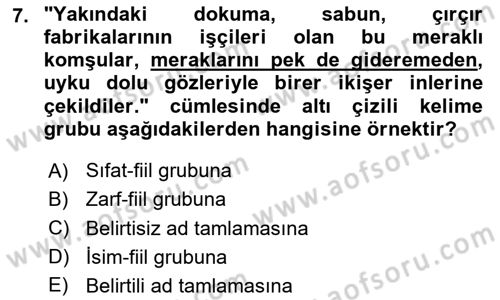 Türkçe Cümle Bilgisi 1 Dersi 2024 - 2025 Yılı (Final) Dönem Sonu Sınav Soruları 7. Soru