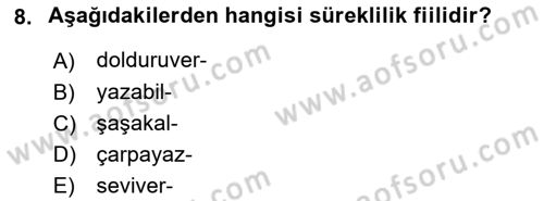 Türkçe Cümle Bilgisi 1 Dersi 2024 - 2025 Yılı (Final) Dönem Sonu Sınav Soruları 8. Soru