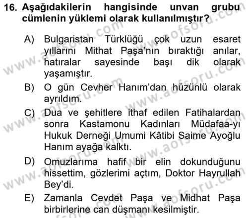 Türkçe Cümle Bilgisi 1 Dersi 2024 - 2025 Yılı Yaz Okulu Sınav Soruları 16. Soru