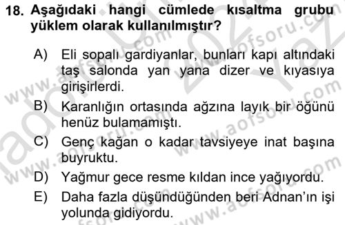 Türkçe Cümle Bilgisi 1 Dersi 2024 - 2025 Yılı Yaz Okulu Sınav Soruları 18. Soru