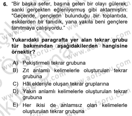 Türkçe Cümle Bilgisi 1 Dersi 2024 - 2025 Yılı Yaz Okulu Sınav Soruları 6. Soru