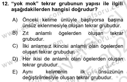 Türkçe Cümle Bilgisi 1 Dersi 2025 - 2026 Yılı (Vize) Ara Sınav Soruları 12. Soru