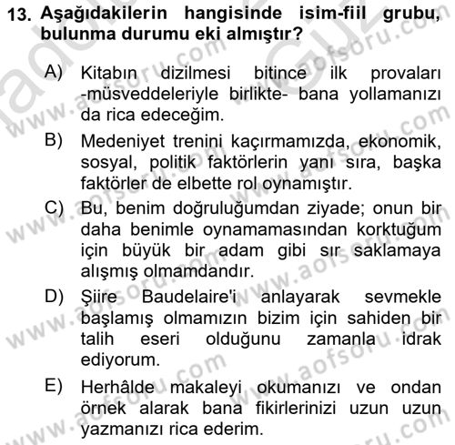 Türkçe Cümle Bilgisi 1 Dersi 2025 - 2026 Yılı (Vize) Ara Sınav Soruları 13. Soru
