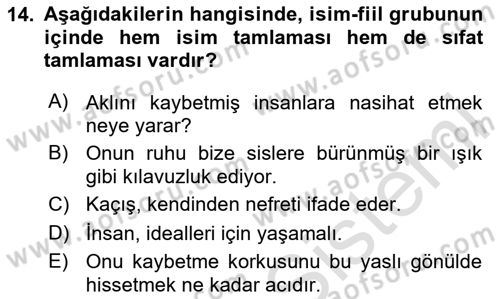 Türkçe Cümle Bilgisi 1 Dersi 2025 - 2026 Yılı (Vize) Ara Sınav Soruları 14. Soru