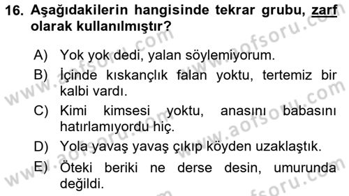 Türkçe Cümle Bilgisi 1 Dersi 2025 - 2026 Yılı (Vize) Ara Sınav Soruları 16. Soru