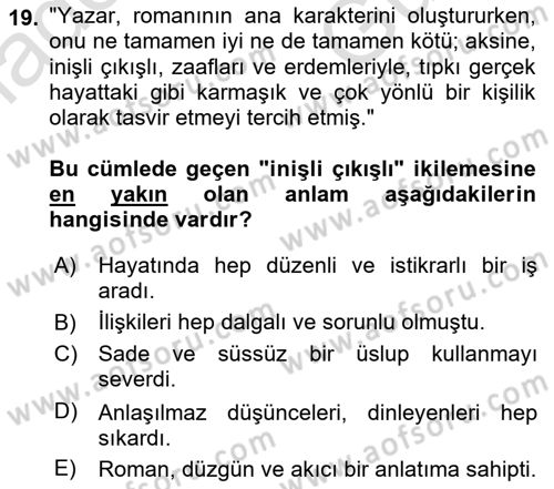 Türkçe Cümle Bilgisi 1 Dersi 2025 - 2026 Yılı (Vize) Ara Sınav Soruları 19. Soru