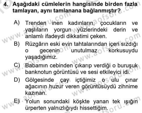 Türkçe Cümle Bilgisi 1 Dersi 2025 - 2026 Yılı (Vize) Ara Sınav Soruları 4. Soru