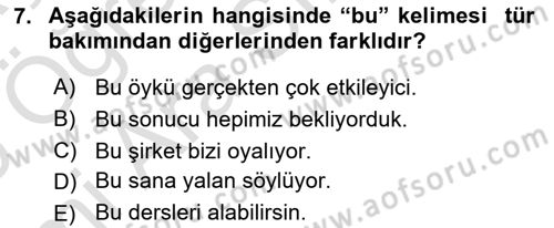 Türkçe Cümle Bilgisi 1 Dersi 2025 - 2026 Yılı (Vize) Ara Sınav Soruları 7. Soru