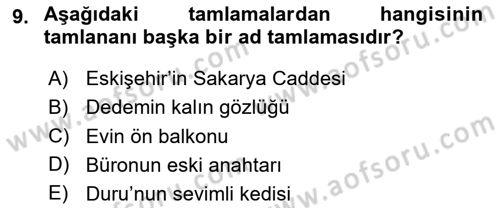 Türkçe Cümle Bilgisi 1 Dersi 2025 - 2026 Yılı (Vize) Ara Sınav Soruları 9. Soru