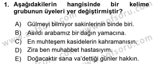 Türkçe Cümle Bilgisi 1 Dersi 2025 - 2026 Yılı (Final) Dönem Sonu Sınav Soruları 1. Soru