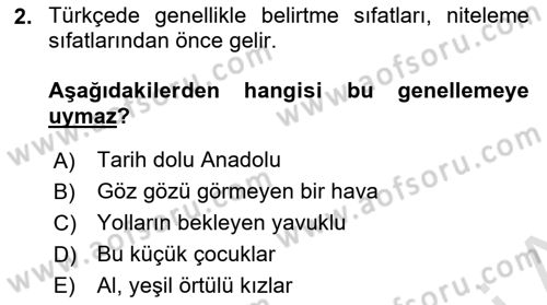Türkçe Cümle Bilgisi 1 Dersi 2025 - 2026 Yılı (Final) Dönem Sonu Sınav Soruları 2. Soru