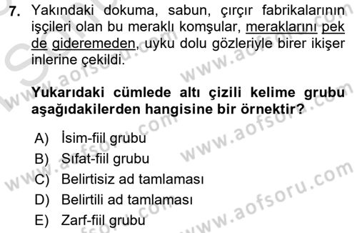 Türkçe Cümle Bilgisi 1 Dersi 2025 - 2026 Yılı (Final) Dönem Sonu Sınav Soruları 7. Soru