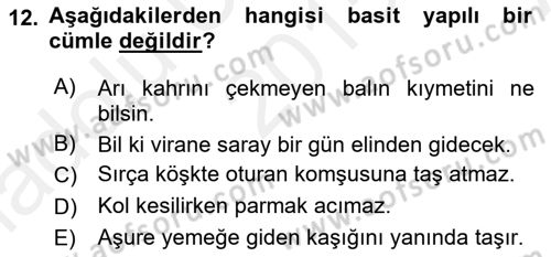 Türkçe Cümle Bilgisi 2 Dersi 2015 - 2016 Yılı (Vize) Ara Sınav Soruları 12. Soru