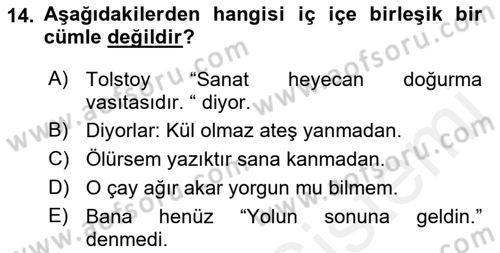 Türkçe Cümle Bilgisi 2 Dersi 2015 - 2016 Yılı (Vize) Ara Sınav Soruları 14. Soru