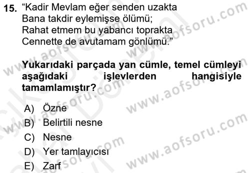 Türkçe Cümle Bilgisi 2 Dersi 2015 - 2016 Yılı (Vize) Ara Sınav Soruları 15. Soru