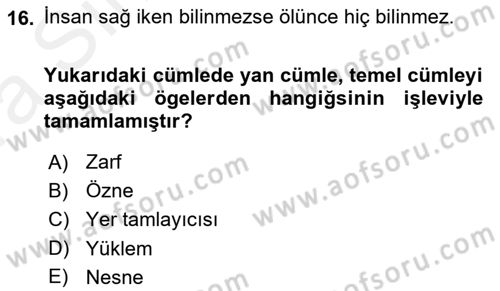 Türkçe Cümle Bilgisi 2 Dersi 2015 - 2016 Yılı (Vize) Ara Sınav Soruları 16. Soru