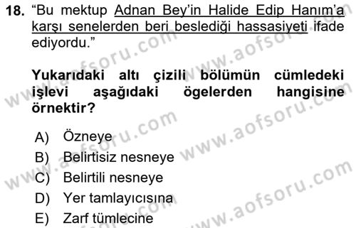 Türkçe Cümle Bilgisi 2 Dersi 2015 - 2016 Yılı (Vize) Ara Sınav Soruları 18. Soru