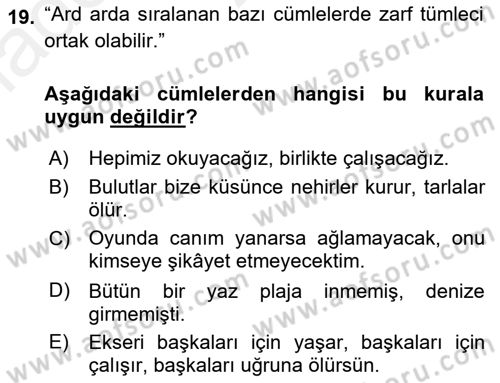 Türkçe Cümle Bilgisi 2 Dersi 2015 - 2016 Yılı (Vize) Ara Sınav Soruları 19. Soru