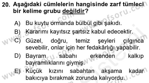Türkçe Cümle Bilgisi 2 Dersi 2015 - 2016 Yılı (Vize) Ara Sınav Soruları 20. Soru