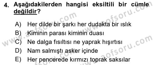 Türkçe Cümle Bilgisi 2 Dersi 2015 - 2016 Yılı (Vize) Ara Sınav Soruları 4. Soru