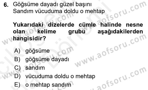 Türkçe Cümle Bilgisi 2 Dersi 2015 - 2016 Yılı (Vize) Ara Sınav Soruları 6. Soru
