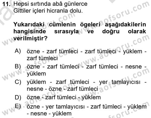 Türkçe Cümle Bilgisi 2 Dersi 2015 - 2016 Yılı (Final) Dönem Sonu Sınavı 11. Soru