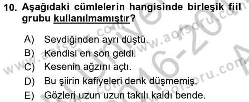 Türkçe Cümle Bilgisi 2 Dersi 2016 - 2017 Yılı (Vize) Ara Sınavı 10. Soru