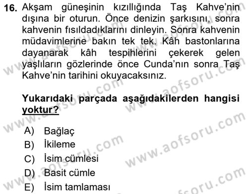 Türkçe Cümle Bilgisi 2 Dersi 2016 - 2017 Yılı (Vize) Ara Sınavı 16. Soru