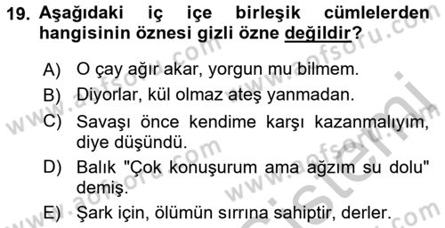 Türkçe Cümle Bilgisi 2 Dersi 2016 - 2017 Yılı (Vize) Ara Sınavı 19. Soru