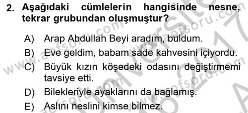 Türkçe Cümle Bilgisi 2 Dersi 2016 - 2017 Yılı (Vize) Ara Sınavı 2. Soru