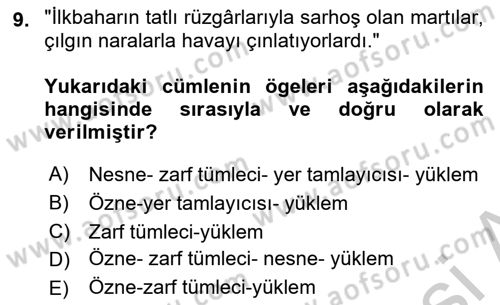 Türkçe Cümle Bilgisi 2 Dersi 2016 - 2017 Yılı (Vize) Ara Sınavı 9. Soru