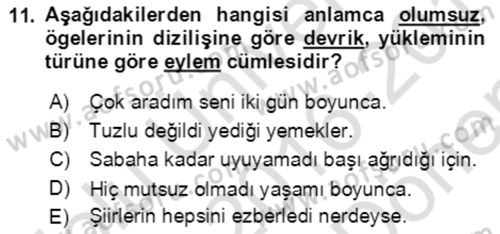 Türkçe Cümle Bilgisi 2 Dersi 2016 - 2017 Yılı (Final) Dönem Sonu Sınav Soruları 11. Soru